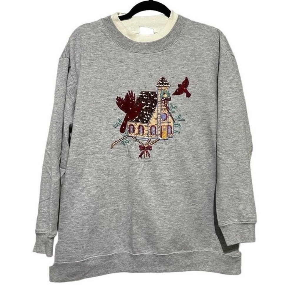 Vintage Bobbie Brooks Women's Sweatshirt Christmas Cardinal House Gray Size XL
